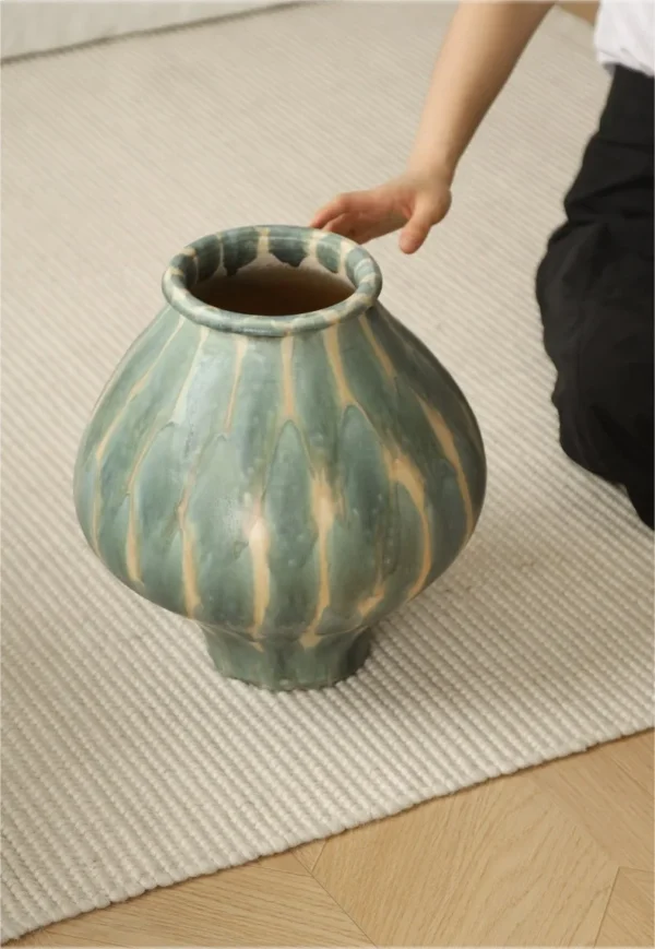Jingdezhen Celadon Drip Glaze Earthen Jar Vase, Large or in olive — in a room setting