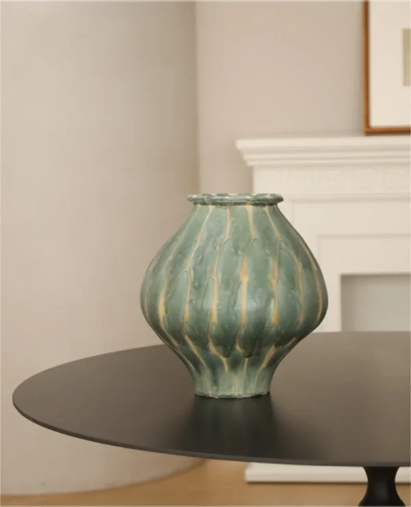 Jingdezhen Celadon Drip Glaze Earthen Jar Vase, Large or in olive — in a room setting