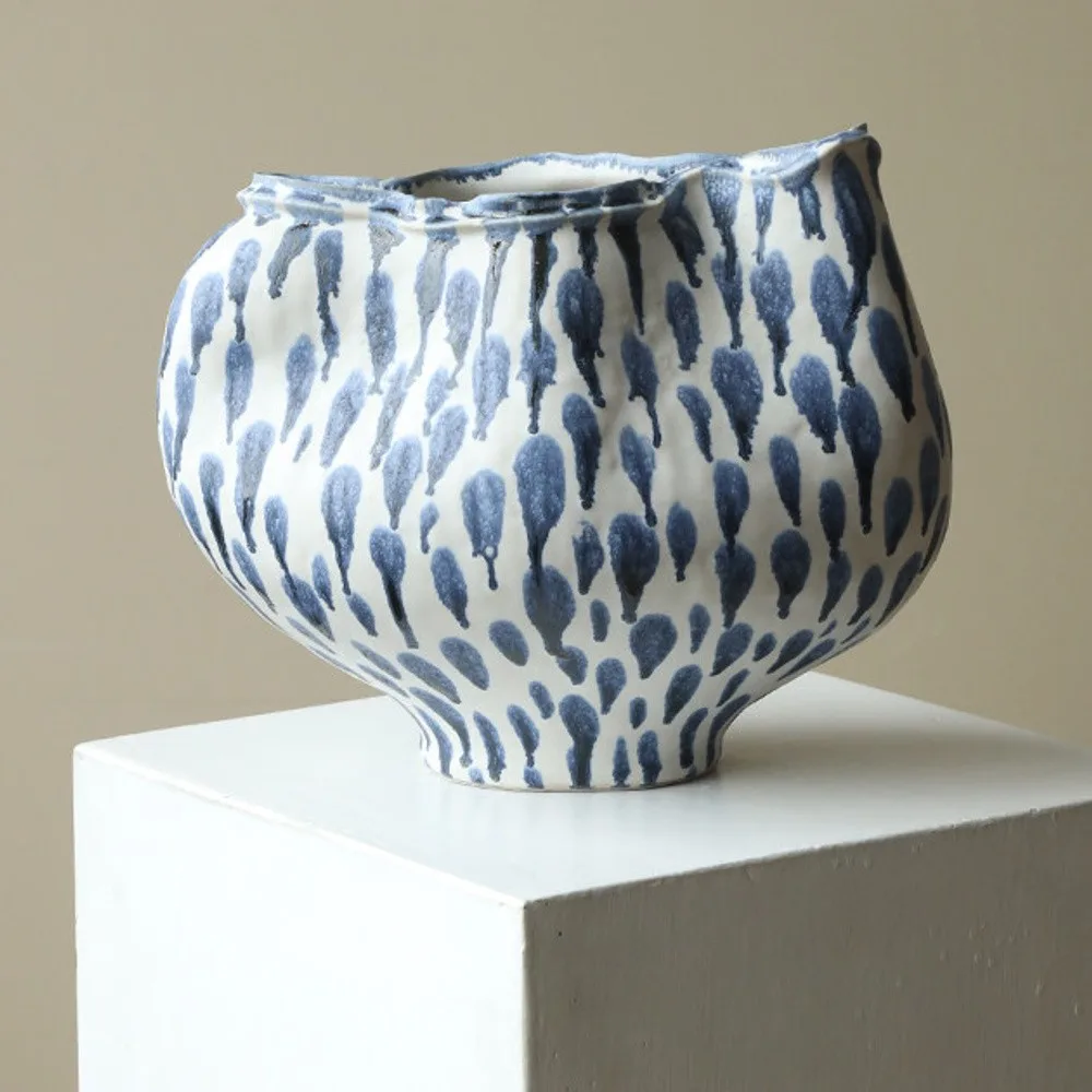 Jingdezhen Blue Dot Wave Wide Jar Vase, Large or Medium in blue — front view