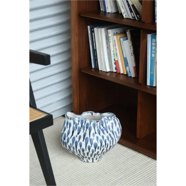 Jingdezhen Blue Dot Wave Wide Jar Vase, Large or Medium in blue — in a room setting