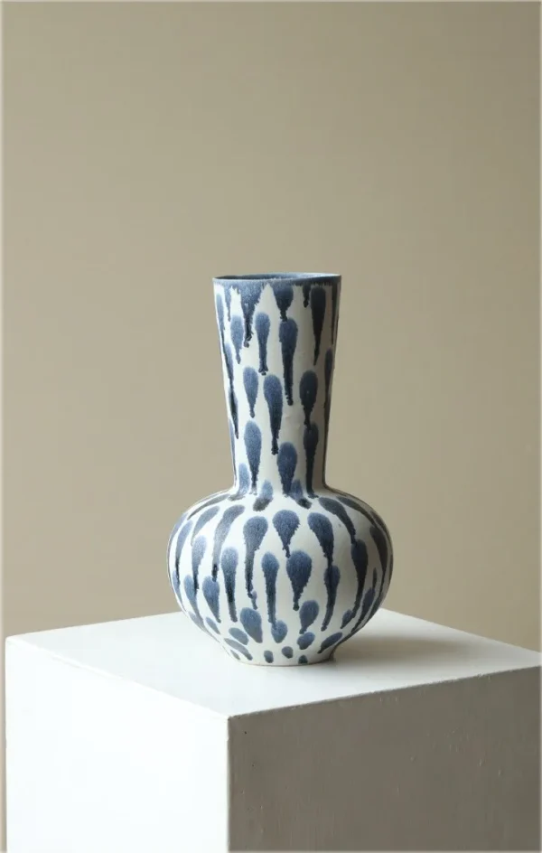 Jingdezhen Blue Dot Wave Wide Jar Vase, Large or Medium in blue — in a room setting