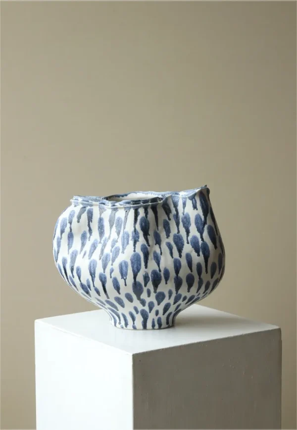 Jingdezhen Blue Dot Wave Wide Jar Vase, Large or Medium in blue — in a room setting
