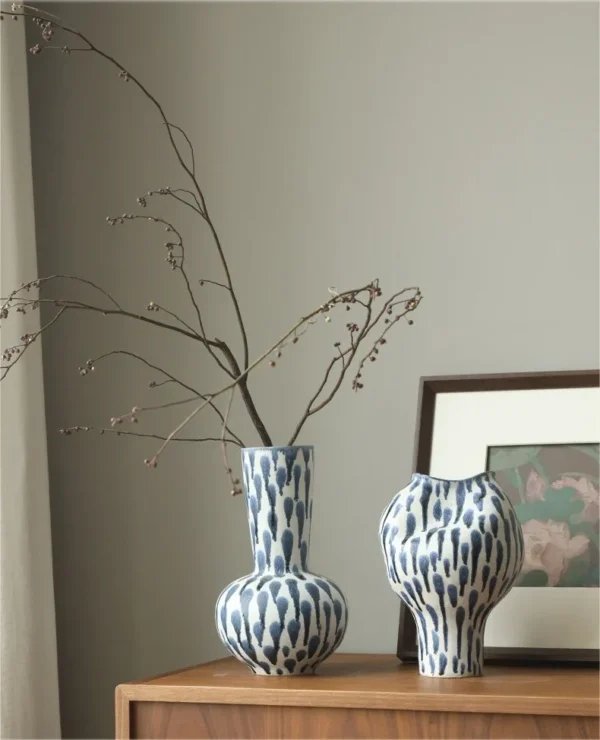 Jingdezhen Blue Dot Wave Wide Jar Vase, Large or Medium in blue — in a room setting