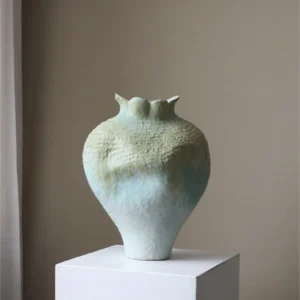 Jingdezhen Celadon Gradient Pomegranate Floor Vase, Large in olive — in a room setting