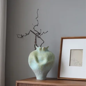 Jingdezhen Celadon Gradient Pomegranate Floor Vase, Large in olive — in a room setting