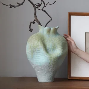 Jingdezhen Celadon Gradient Pomegranate Floor Vase, Large in olive — in a room setting