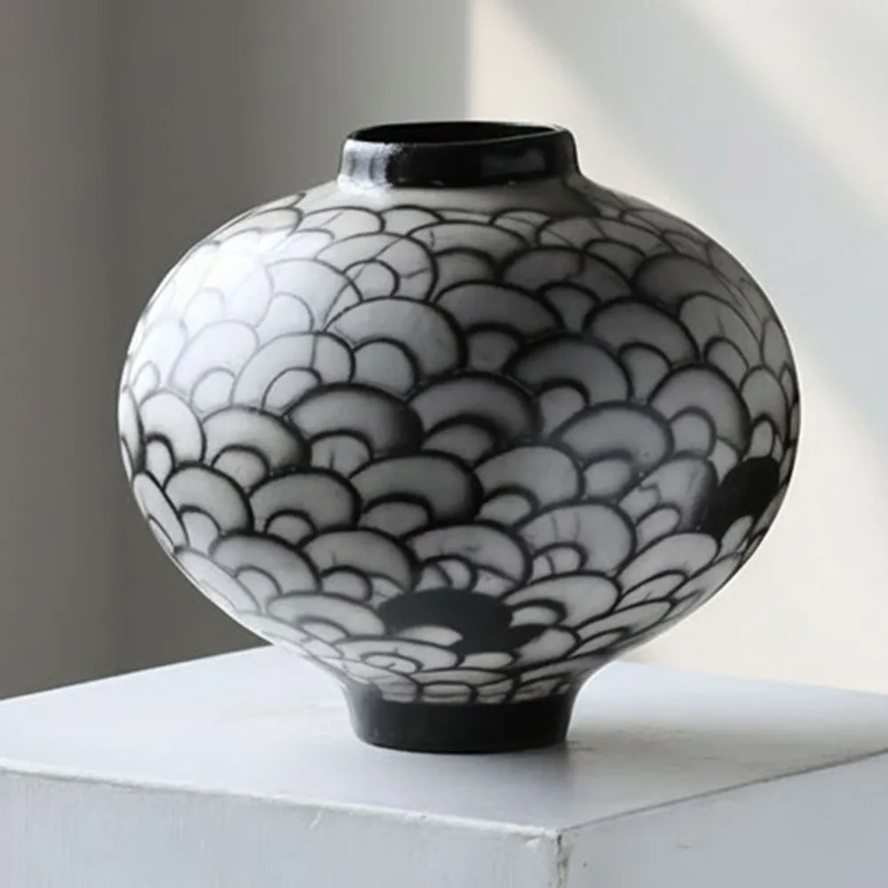 Artist Hand-Made Moon Jar with Scale Pattern, Jingdezhen in black — front view