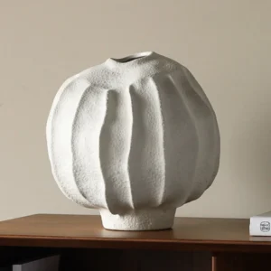 Wabi-Sabi Ribbed Sandstone-Glaze Ceramic Vase, Jingdezhen in ivory — front view