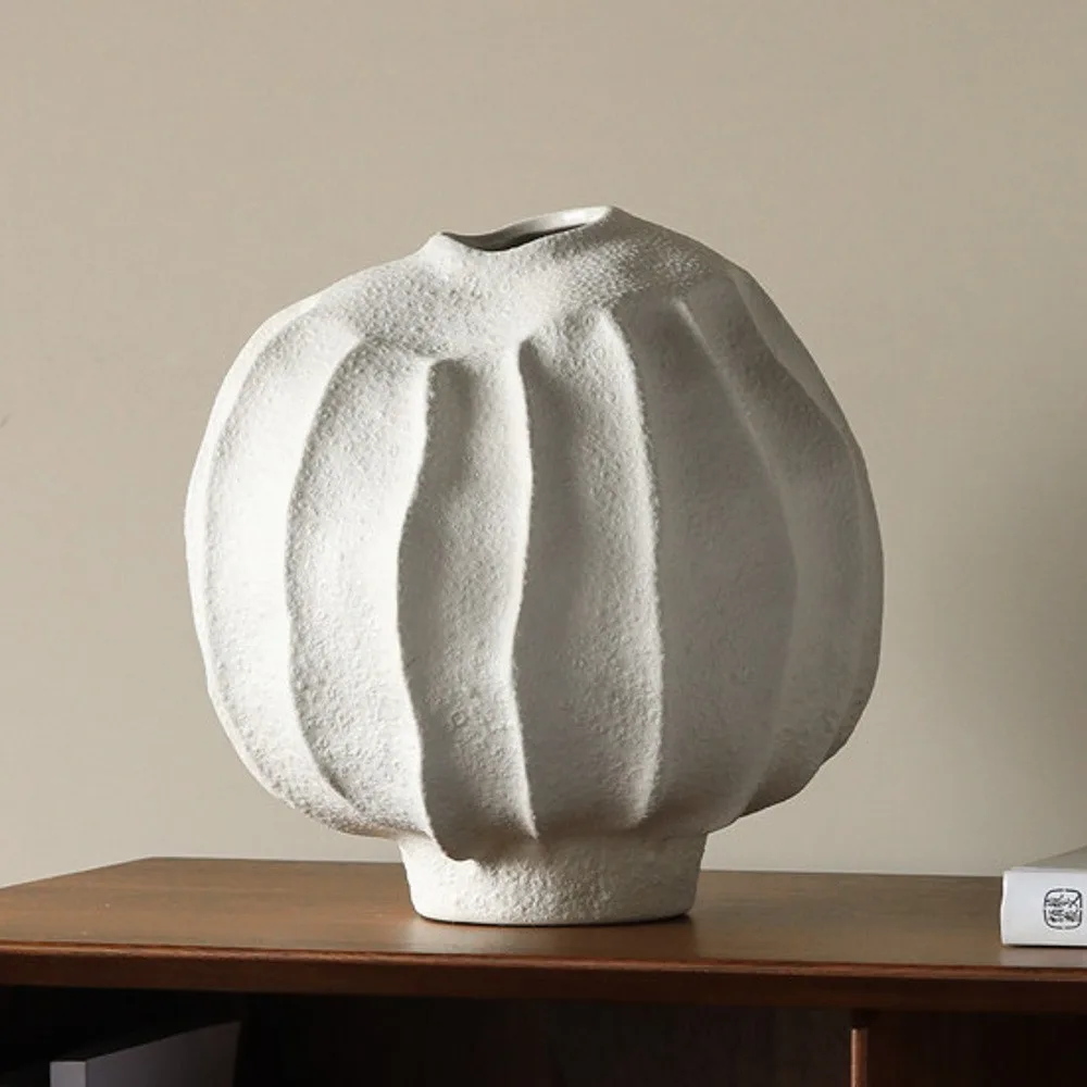Wabi-Sabi Ribbed Sandstone-Glaze Ceramic Vase, Jingdezhen in ivory — front view