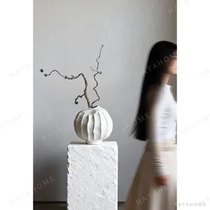Wabi-Sabi Ribbed Sandstone-Glaze Ceramic Vase, Jingdezhen in ivory — in a room setting