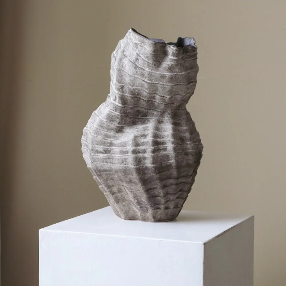 Jingdezhen Grey Twisted Rib Sculptural Vase, Large in slate — front view