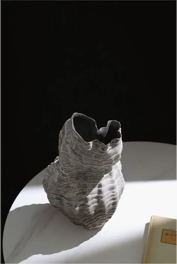 Jingdezhen Grey Twisted Rib Sculptural Vase, Large in slate — in a room setting