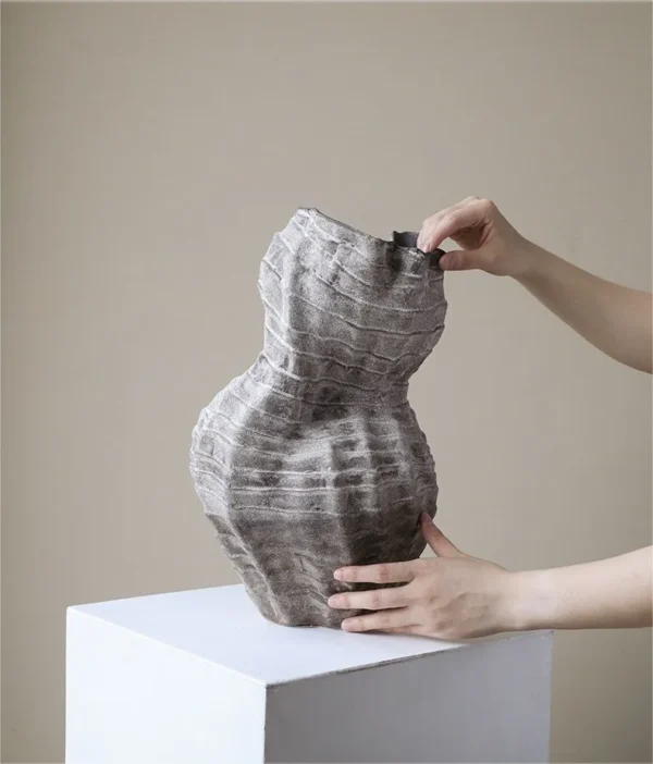 Jingdezhen Grey Twisted Rib Sculptural Vase, Large in slate — in a room setting