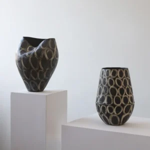 Jingdezhen Black Gold Ring-Pattern Floor Vases, Tall or in black — front view