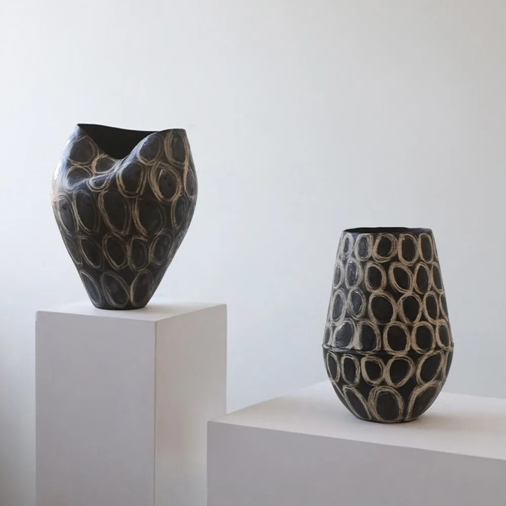 Jingdezhen Black Gold Ring-Pattern Floor Vases, Tall or in black — front view