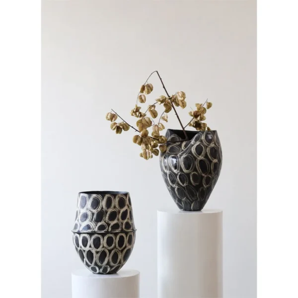 Jingdezhen Black Gold Ring-Pattern Floor Vases, Tall or in black — in a room setting
