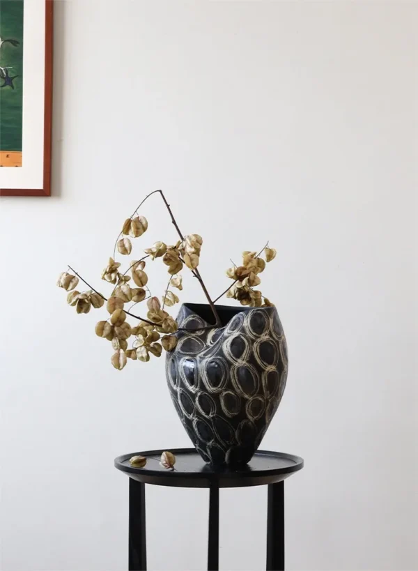 Jingdezhen Black Gold Ring-Pattern Floor Vases, Tall or in black — in a room setting