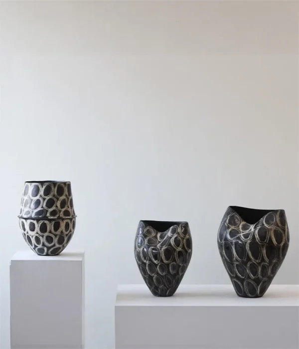 Jingdezhen Black Gold Ring-Pattern Floor Vases, Tall or in black — in a room setting