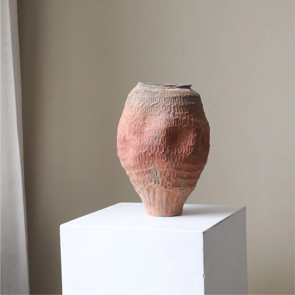 Jingdezhen Red Clay Textured Jar Vase, Medium in rust — front view