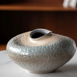 Wabi-Sabi Kiln-Change Flat-Belly Ceramic Vase, Green, Red in olive — front view