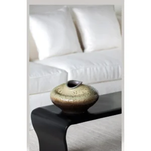 Wabi-Sabi Kiln-Change Flat-Belly Ceramic Vase, Green, Red in olive — in a room setting