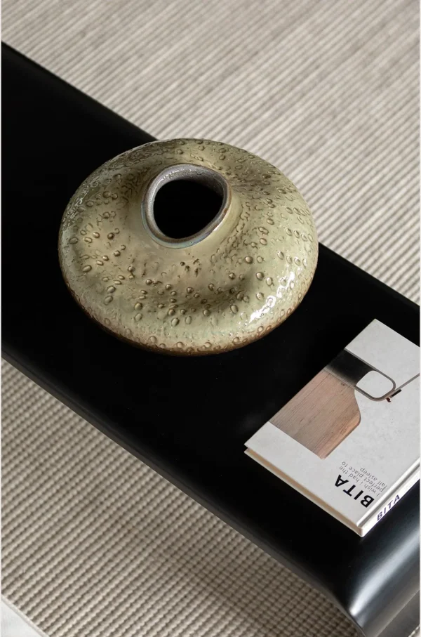 Wabi-Sabi Kiln-Change Flat-Belly Ceramic Vase, Green, Red in olive — in a room setting