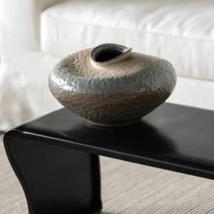 Wabi-Sabi Kiln-Change Flat-Belly Ceramic Vase, Green, Red in olive — in a room setting