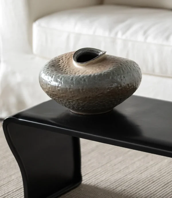 Wabi-Sabi Kiln-Change Flat-Belly Ceramic Vase, Green, Red in olive — in a room setting