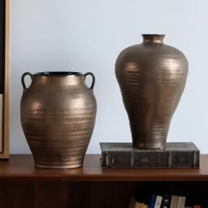 Metallic Copper Glaze Twin-Handle Jar Vase in bronze — front view