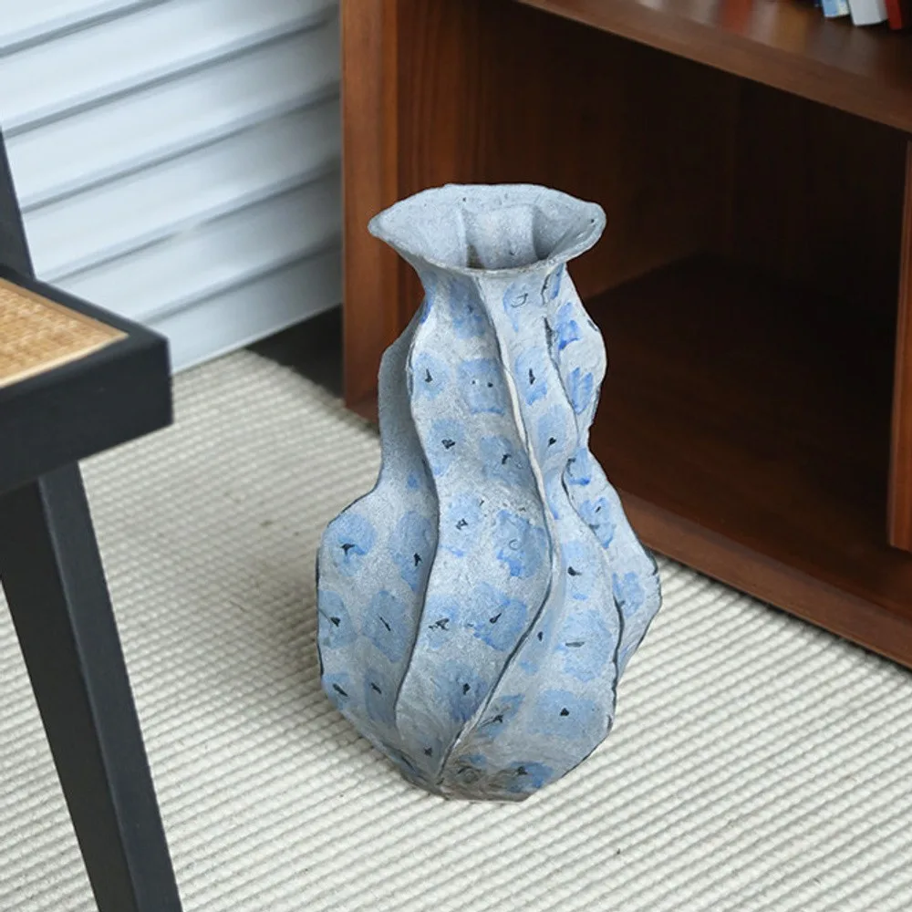 Jingdezhen Blue Geometric Faceted Stoneware Vase, Medium in blue — front view