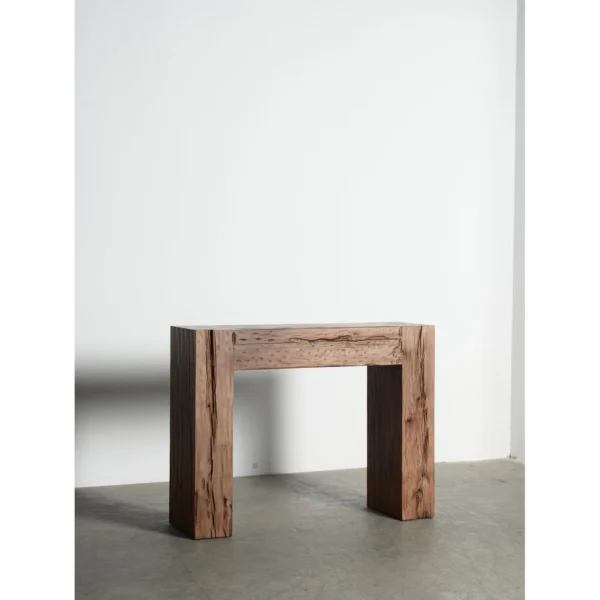 Wabi-Sabi Reclaimed Elm Console Table in natural oak — in a room setting
