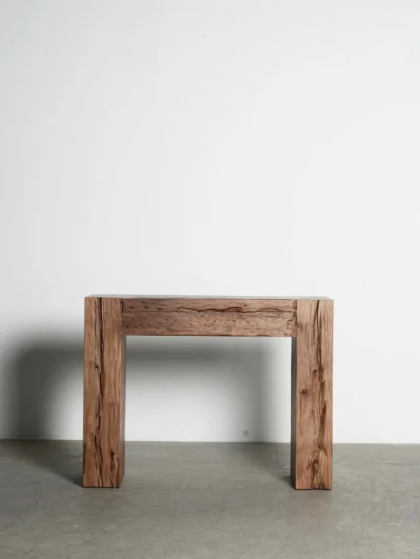 Wabi-Sabi Reclaimed Elm Console Table in natural oak — in a room setting