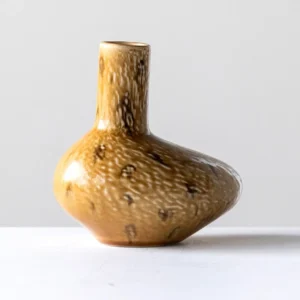Wabi-Sabi Ochre Speckled Flat-Belly Ceramic Vase in mustard — front view