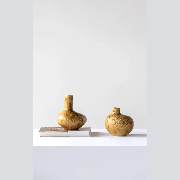 Wabi-Sabi Ochre Speckled Flat-Belly Ceramic Vase in mustard — in a room setting