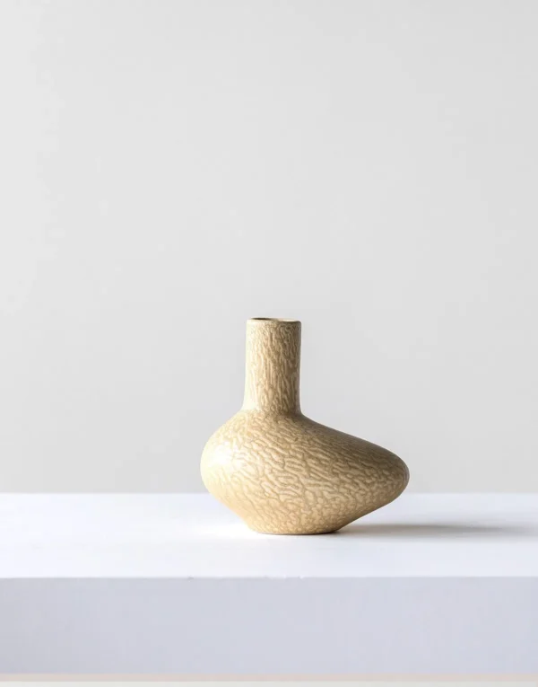 Wabi-Sabi Ochre Speckled Flat-Belly Ceramic Vase in mustard — in a room setting