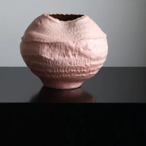 Pink Sand Textured Round Ceramic Vase with Torn Rim in rose stone — front view