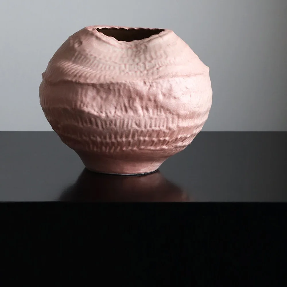 Pink Sand Textured Round Ceramic Vase with Torn Rim in rose stone — front view