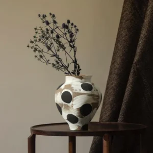 Wabi-Sabi Black Polka Dot Narrow-Mouth Ceramic Vase, Small in oatmeal — front view