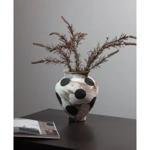 Wabi-Sabi Black Polka Dot Narrow-Mouth Ceramic Vase, Small in oatmeal — in a room setting