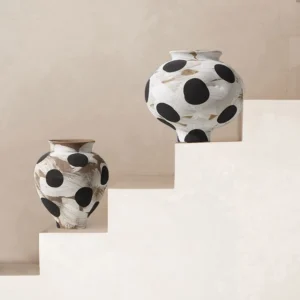 Wabi-Sabi Black Polka Dot Narrow-Mouth Ceramic Vase, Small in oatmeal — in a room setting