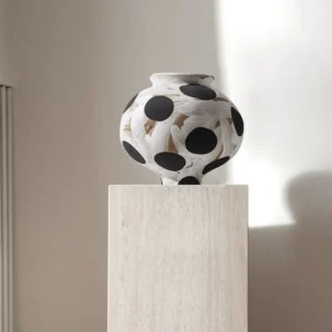 Wabi-Sabi Black Polka Dot Narrow-Mouth Ceramic Vase, Small in oatmeal — in a room setting