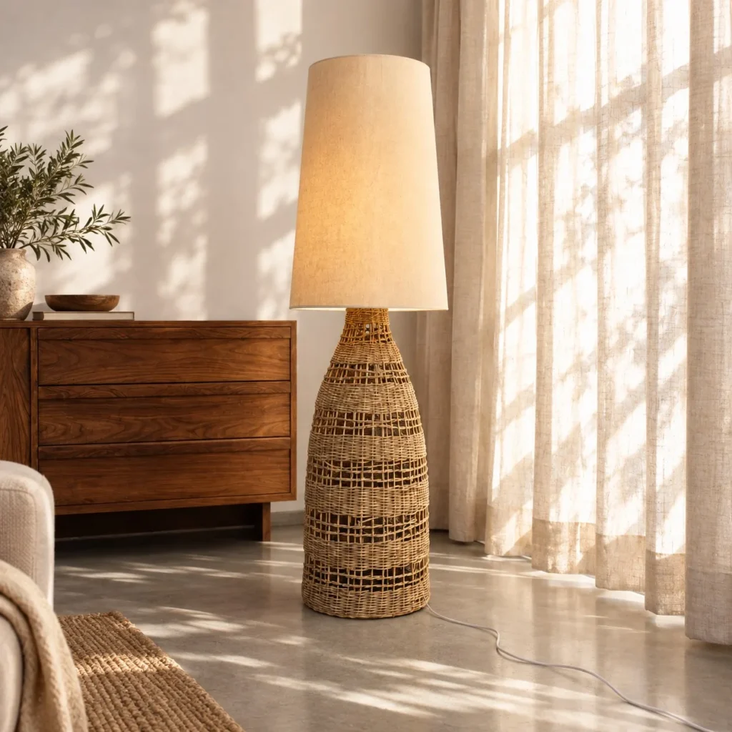 Wabi-Sabi Hand-Woven Rattan Bottle Floor Lamp in clay — front view