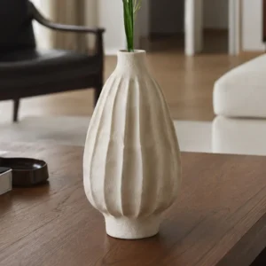 Wabi-Sabi Ribbed White Ceramic Vase, Two Forms in ivory — front view