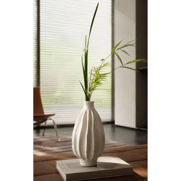Wabi-Sabi Ribbed White Ceramic Vase, Two Forms in ivory — in a room setting
