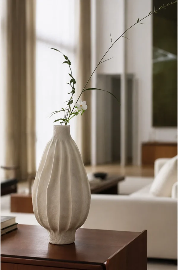 Wabi-Sabi Ribbed White Ceramic Vase, Two Forms in ivory — in a room setting