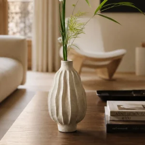 Wabi-Sabi Ribbed White Ceramic Vase, Two Forms in ivory — in a room setting