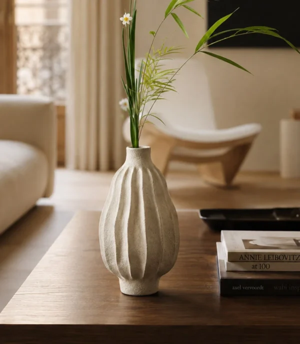 Wabi-Sabi Ribbed White Ceramic Vase, Two Forms in ivory — in a room setting