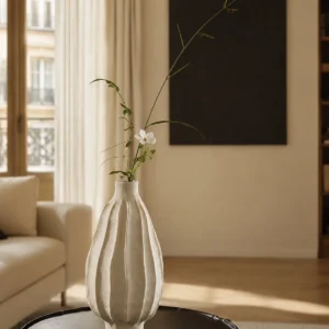 Wabi-Sabi Ribbed White Ceramic Vase, Two Forms in ivory — in a room setting