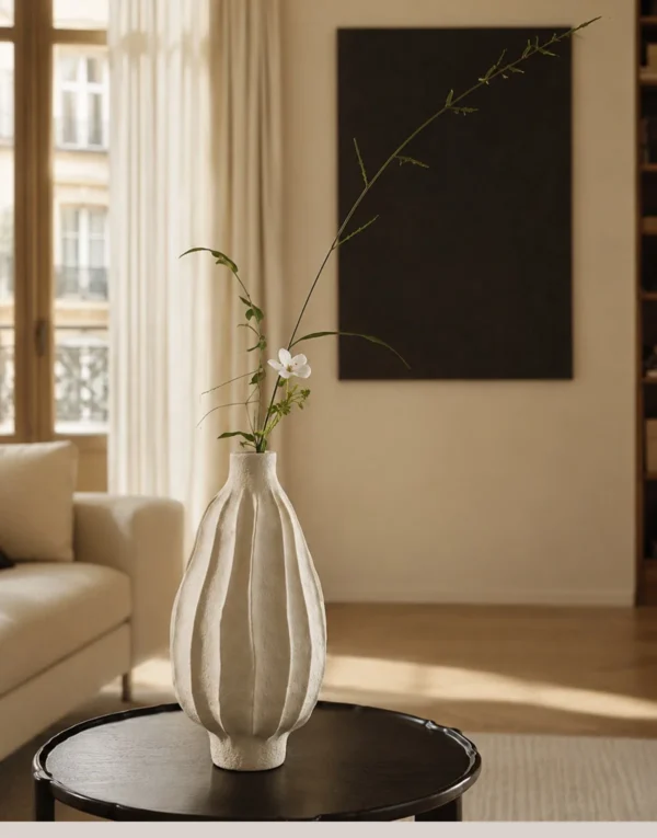 Wabi-Sabi Ribbed White Ceramic Vase, Two Forms in ivory — in a room setting
