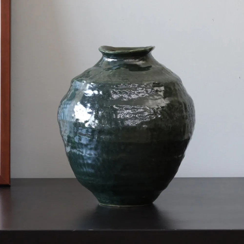Wabi-Sabi Dark Green Glazed Round-Belly Jar, Large or Small in olive — front view